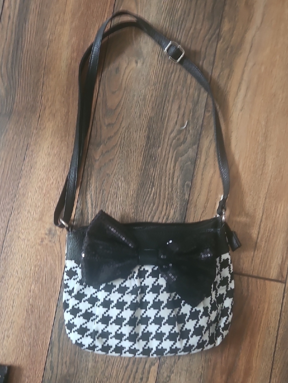 Black & White Houndstooth Crossbody Bag with Sequin Bow